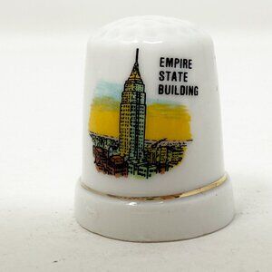 Vintage Collectible Ceramic Thimble - Empire State Building White with Gold Rim